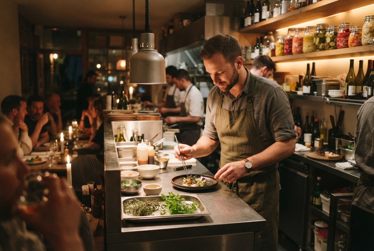 Niek zet in de open keuken een klein gerecht op met een pincet
