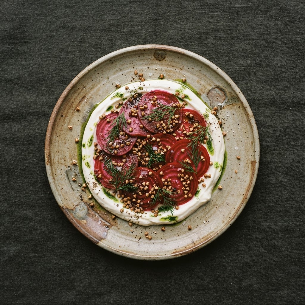 Gefermenteerde biet met schapenyoghurt en boekweit, van bovenaf gefotografeerd