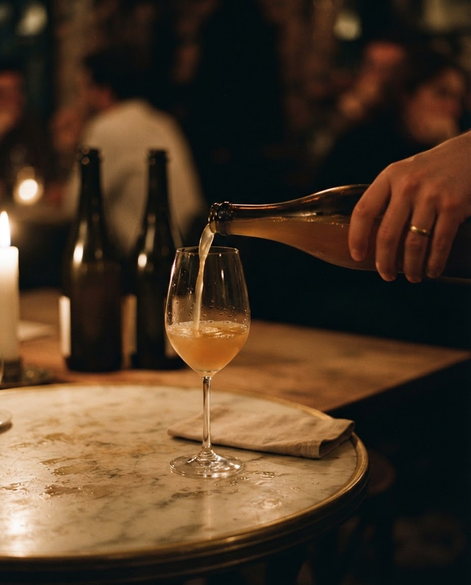 Een hand schenkt troebele amberkleurige natuurwijn in een glas